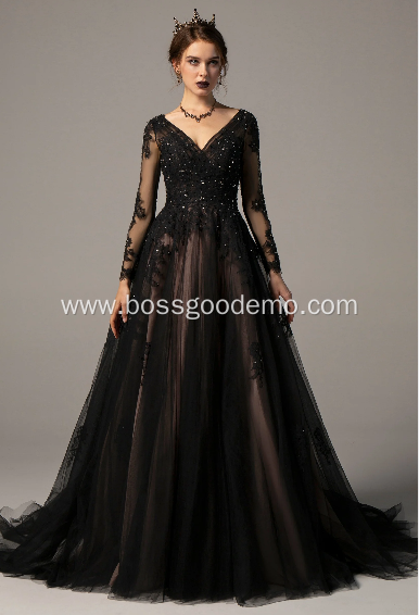 Black Lmperial Long Sleeve Tulle Wedding Dress