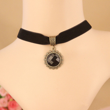 Black Velvet Neck Choker With Black Stone Pendant Necklace