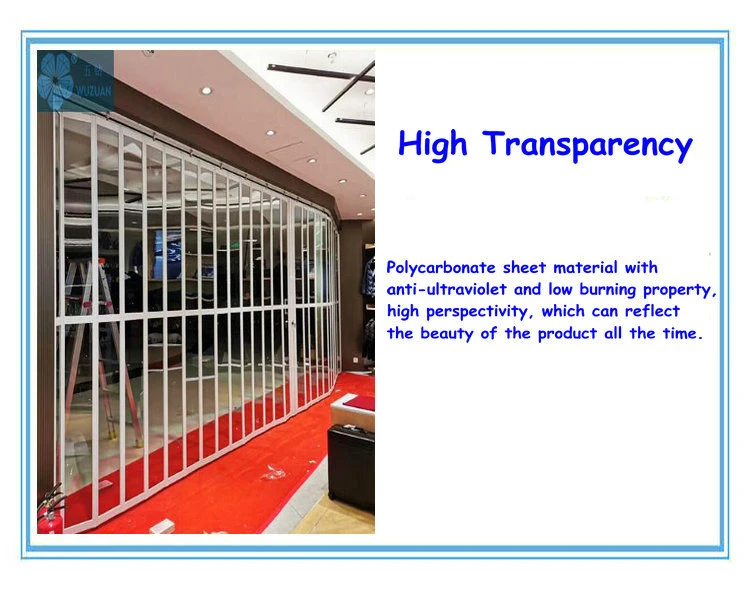 New Style Transparent Clear Crystal Polycarbonate PC Panel Folding Aluminium Folding Door for Shopping Malls/Super Market /Arcades/Office Building