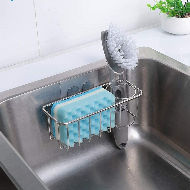 Kitchen Polished Stainless Steel Sink Suction Organizer Basket Sink Caddy Sponge Holder Soap Brush Holder