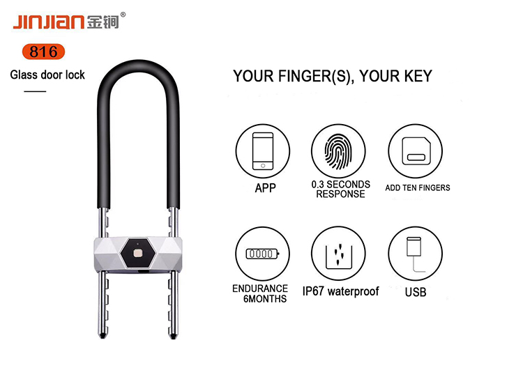 IP67 ALUMINUM ALLOY Smart U Lock với dấu vân tay và tính năng chính cho xe máy, cửa kính