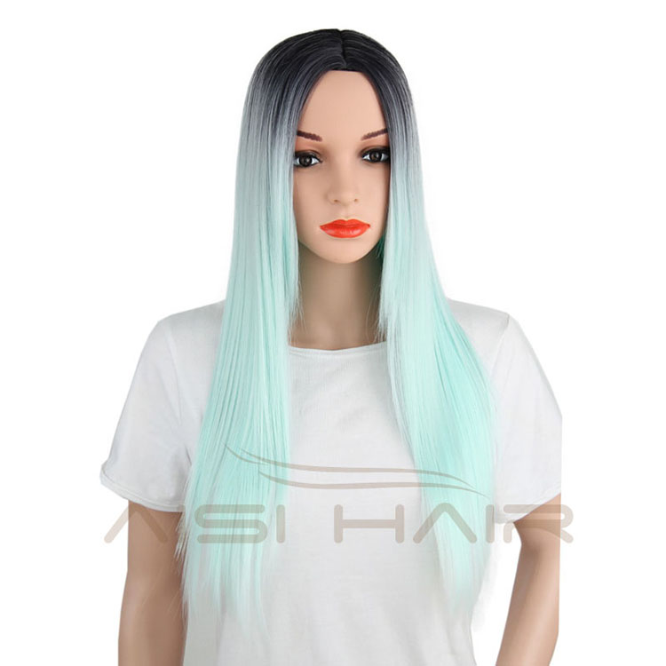Aisi Hair Cosplay Long Straight Synthetic Wigs For Black Women Top Quality Ombre Green Color Wig Heat Resistant Fiber