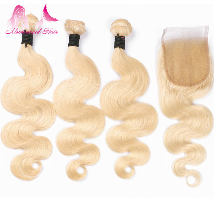 high quality virgin malaysian hair color 613 blonde body wave hair 3 bundles with 4*4 lace closure