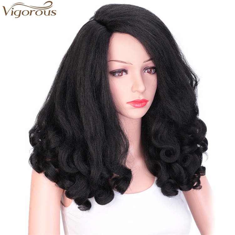 Vigorous 20 inch Synthetic High Temperature Fiber Afro Yaki Straight Wig Wave Ends Kinky Fluffy Hair Wig Wholesale Price