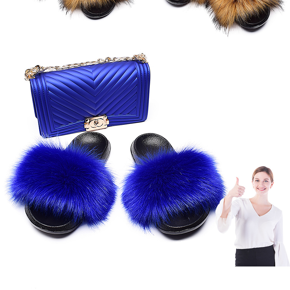 Top Selling Sandals and Bag Set Wholesale New Arrivals Colorful Handbag Fur Slides 2021 Ladies Purse and Shoe Sets