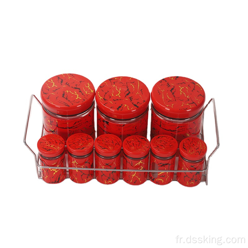 pots d&#39;épices et rack ensemble 9 pièces ensembles épices de sel de sel de sel de sel de sel couvercle rouge imprimement rond en verre sel et pots de poivre