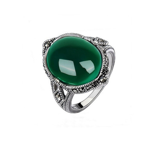 925 Silver Oval Green Agate Vintage Marcasite Ring