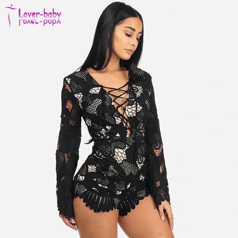 Women Stylish Black Crochet Bell Sleeve Lace up Neck Romper