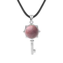 Rhodochrosite Round Cabs Silver Alloy Key Pendant Necklace 45cm Black Cord