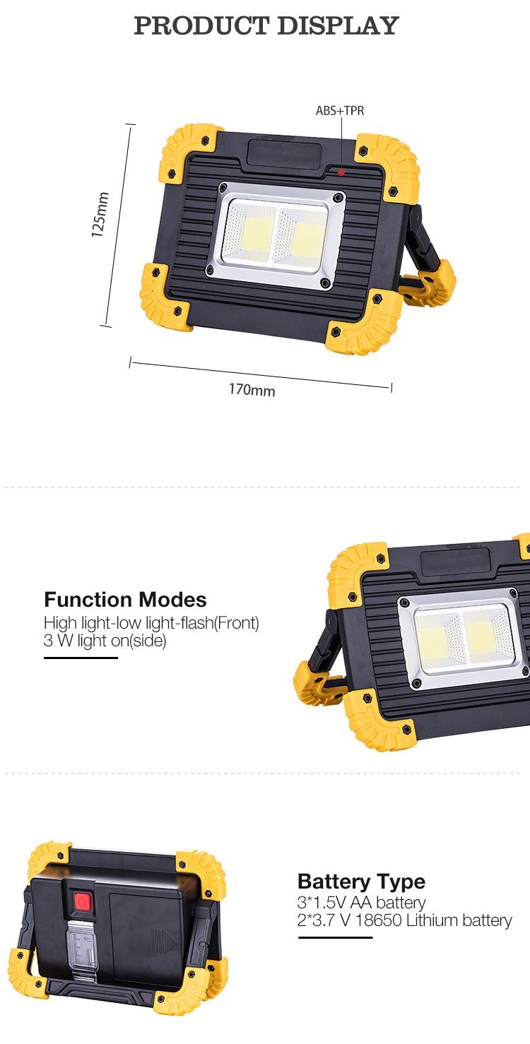 COB 2 LED Work Light Dual Power Source Power Bank USB Rechargeable Flood Lamp