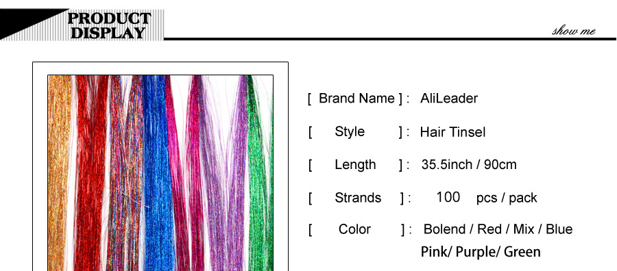 AliLeader Cheap 36" Sparkle Fairy Hair Tinsel 7 Colors Shiny Hair Streaks Tinsel Hair Extension