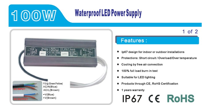 LED Drivers Power Supplies 100W 12V, Waterproof LED Circuit with CE RoHS