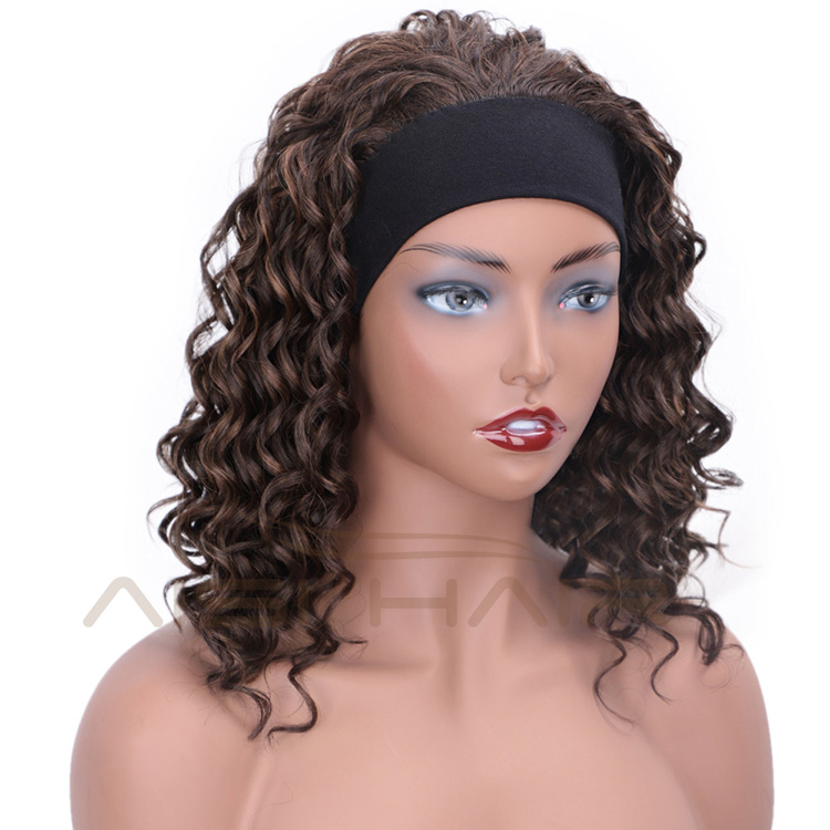 Aisi Hair Afro Curly High Temperature Fiber Synthetic Wigs with Headband Mixed Brown Color Short Curly Wigs for Black Women