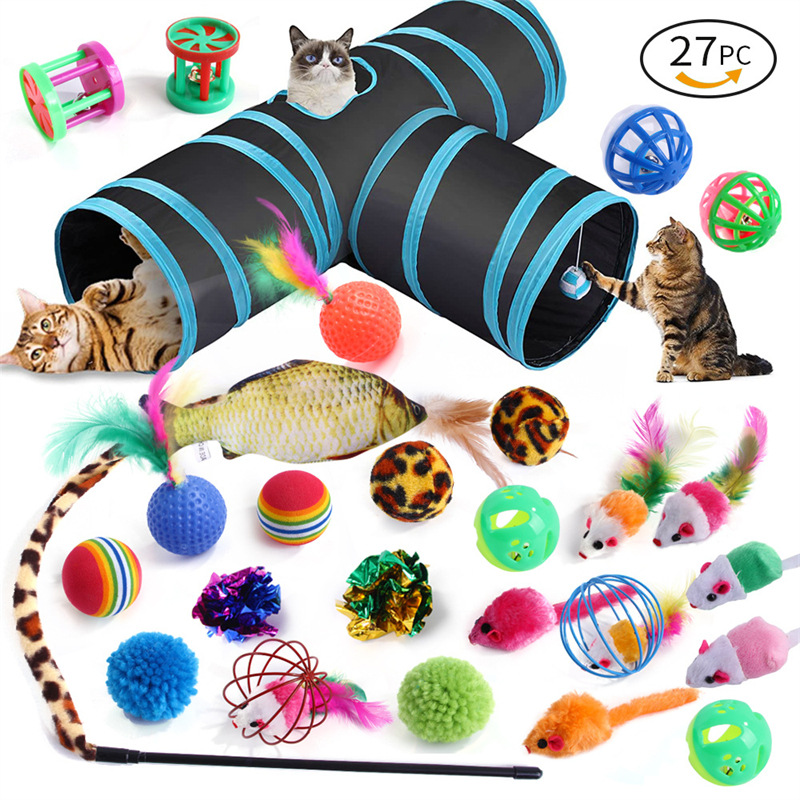 The New Pet Cat Toy Set Rainbow Blue Three-channel Tunnel Through Feather Toys Cat Pet Products