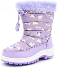 Girls Unicorn Printed Waterproof Snow Boots with Faux Fur Lining