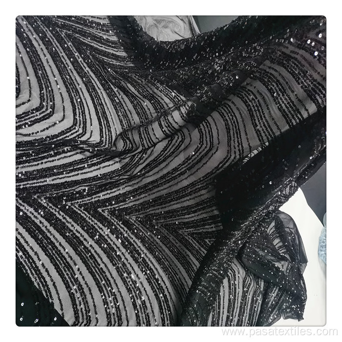 embroidered sequin lace fabric embroidery on black cloth embroidered fabric for dresses