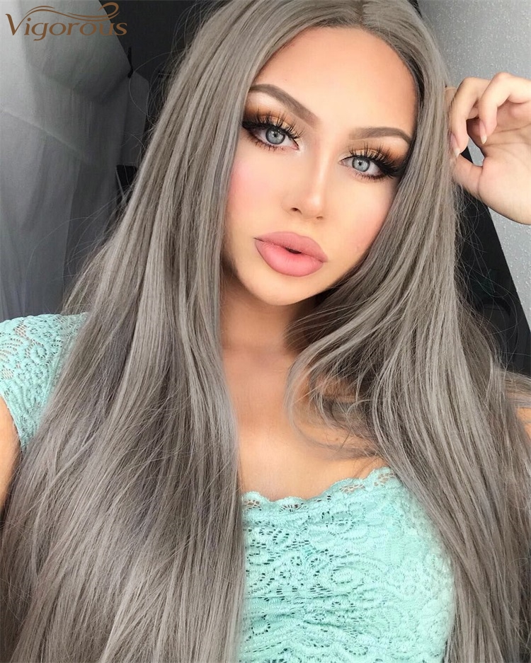 Vigorous Long Silky Straight Synthetic Wigs Middle Part Gray Color Wig For Black White Women Heat Resistant Fiber Cosplay Wigs