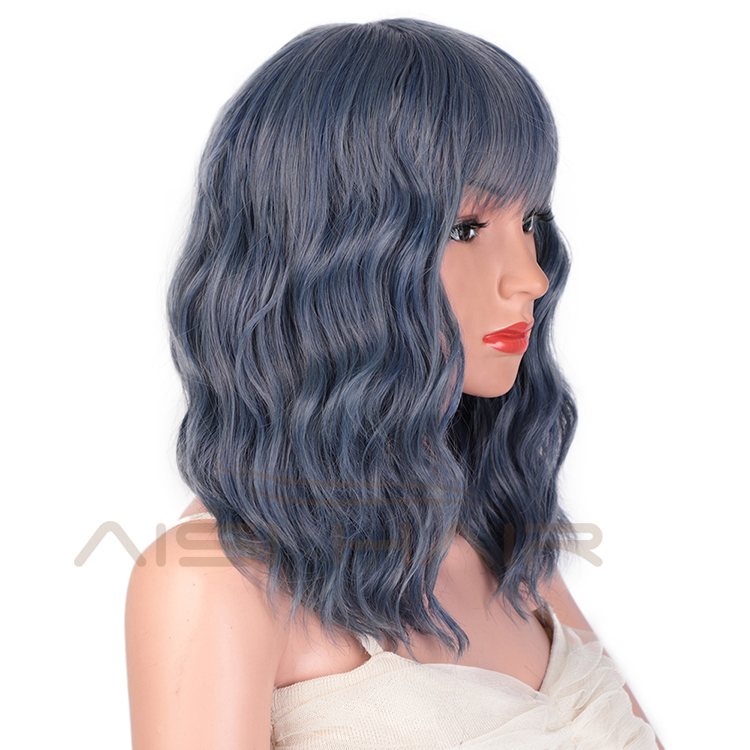 Top Quality Short Bob Blue Wig Wholesale Cheap With Neat Bangs Synthetic Short Curly Wave Wigs For Women
