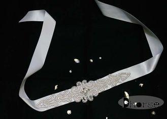 Silver Beaded Rhinestone Bridal Sash , Rhinestone Belts For