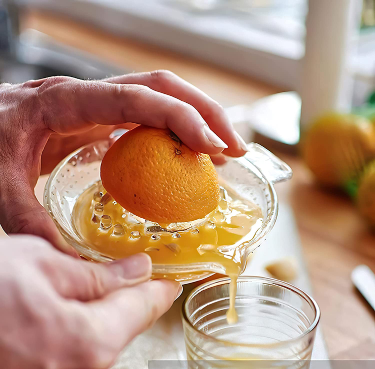 Citrus Orange Lemon Squeezer, manual manual juicer, with glass and handle, pour spout, heavyweight glass to prevent breaking