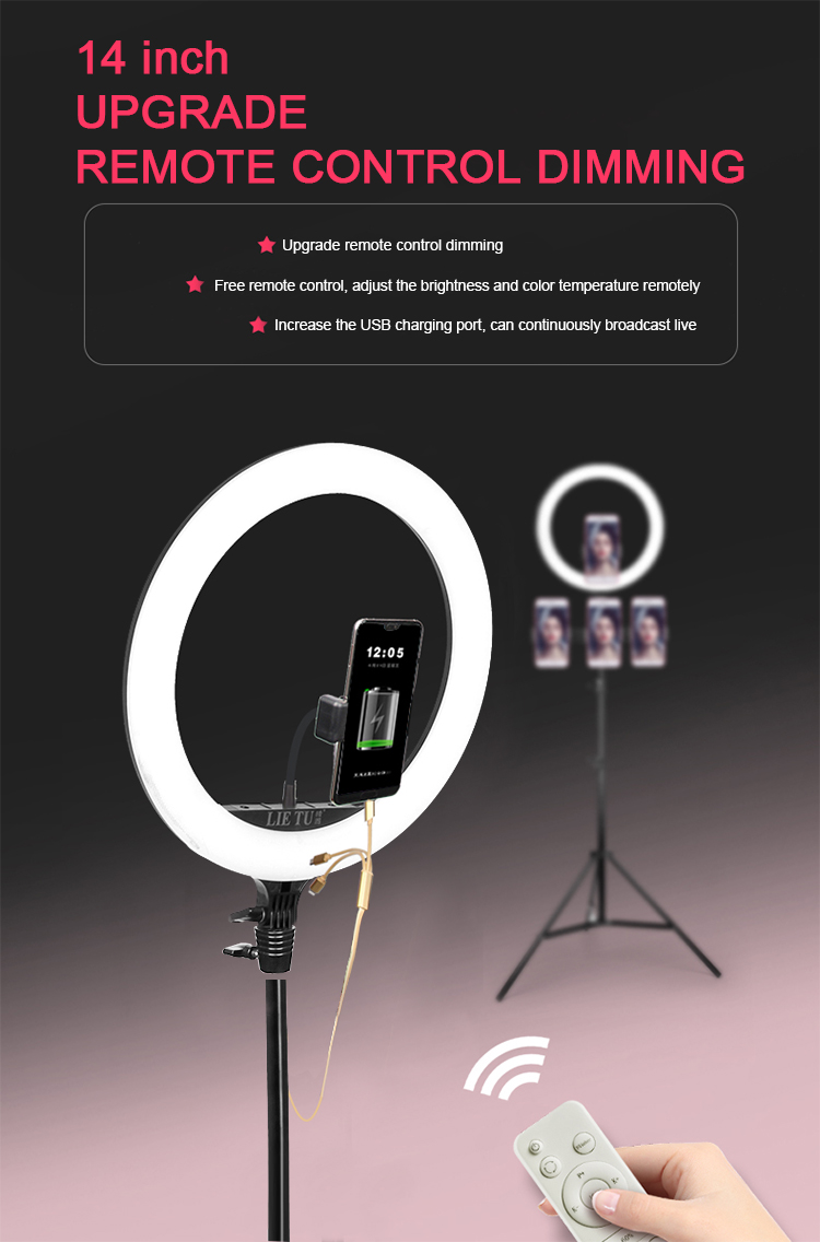 Anillo de luz LED con soporte y soporte para teléfono Kit de luces de círculo grande de 14 pulgadas para fotografía / transmisión en vivo