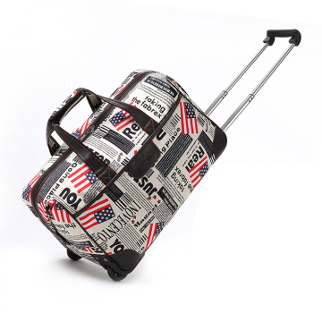 Offset printing newspaper newsprint pattern trolley attache travel bag, lady roller wheeled carry on case holdall duffel bag
