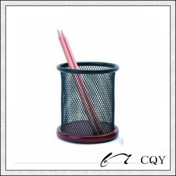 office desk metal mesh pencil cup with wooden base