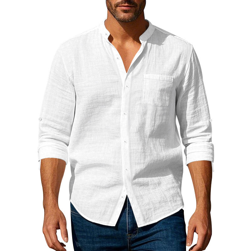Весенне-осенняя льняная рубашка-стойка с бисером Spring Autumn Linen Beaded Stand Shirt
