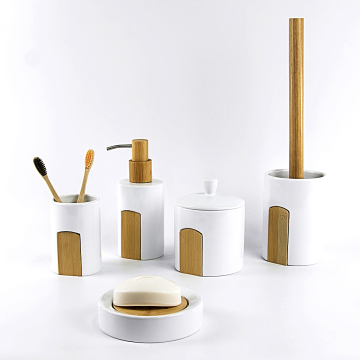 Minimalist Matte White Bath Accessories with Wood Details