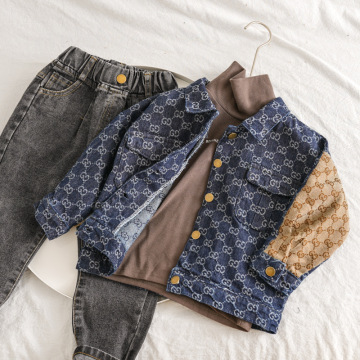 2020 girls jacquard denim lapel long-sleeved tops jean jackets kids boy denim jacket