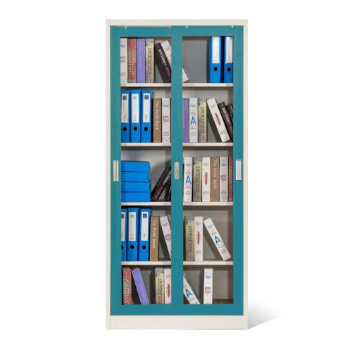 Armoire en acier claire avec portes coulissantes transparentes