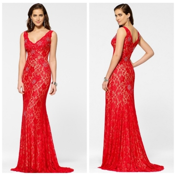 long lace dinner evening red designer one piece party dress