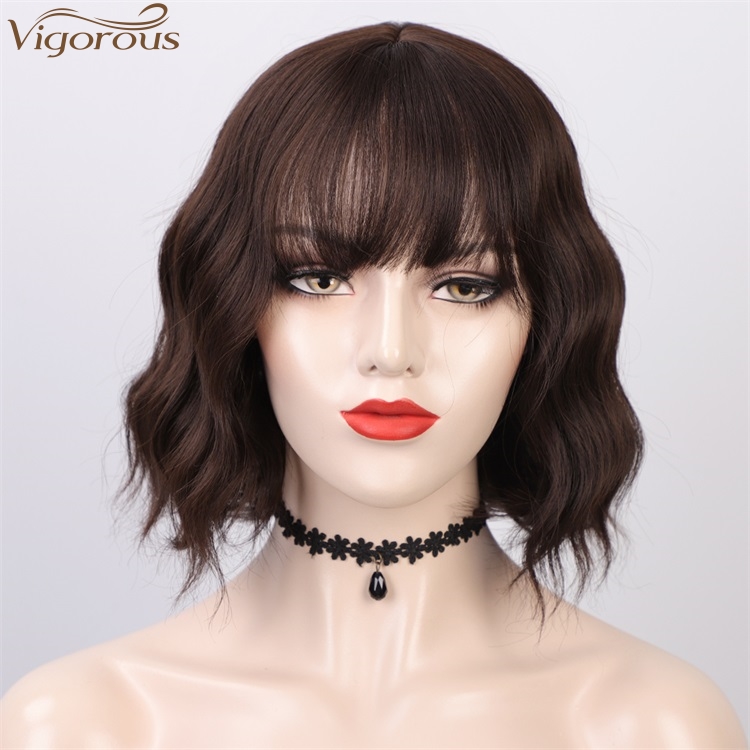 Vigorous New Style Short Bob Brown Wig With Bangs Wavy Wig Heat Resistant Synthetic Fiber Wigs For Black White Women