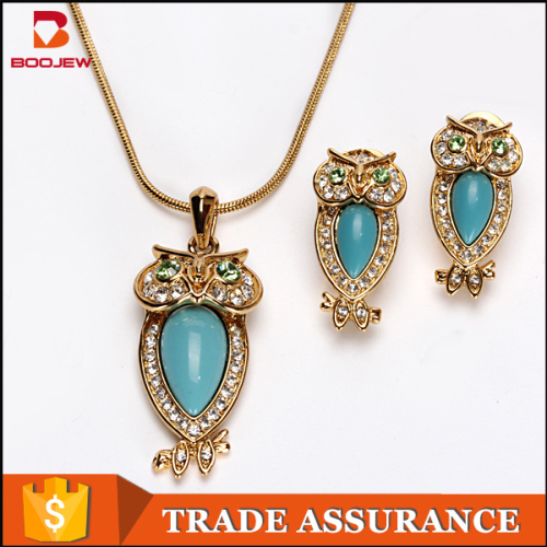 Elegant costume jewellery blue stone beautiful necklace and earrings women sets owl shape fashion jewelry sets