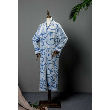 Zip cut flower coral fleece long robe