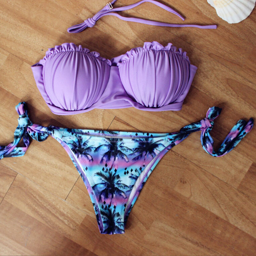 2017 New Tropical Plants Printed Bikini Set Bandage Two Piece Swimwear Strapless Wire Free Beachwear For Female