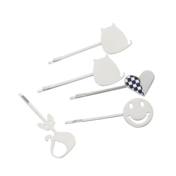 Stainless Steel Narrow Bar Folded Checkerboard Cat Face Hair Tie Clip