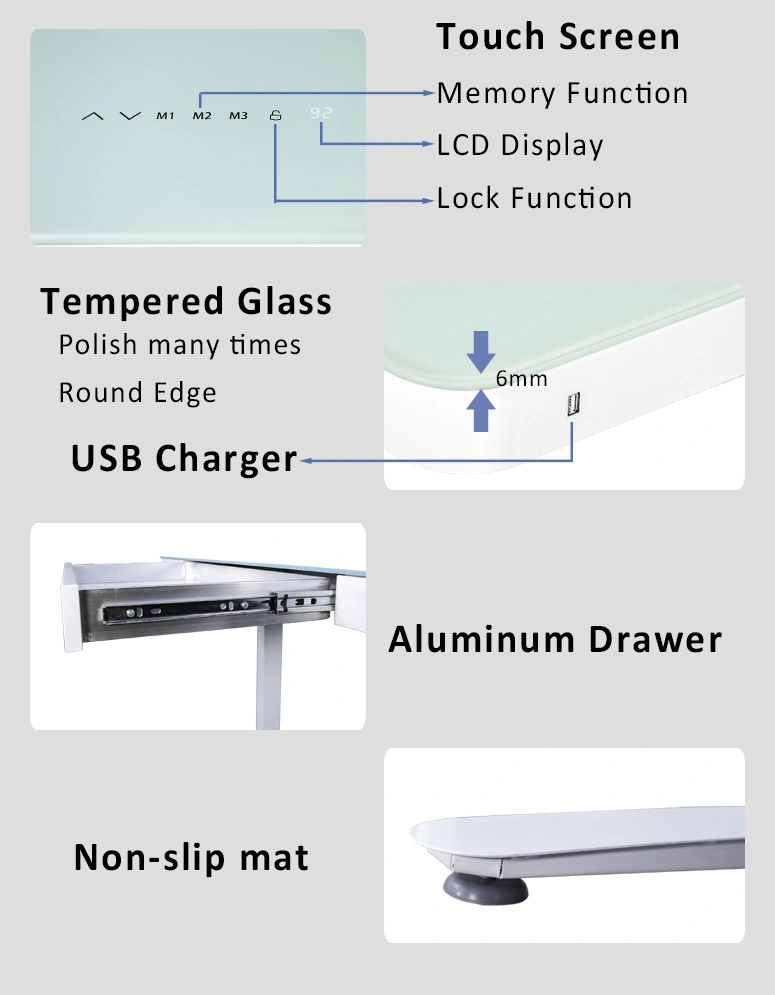 2021 New Design Glass Top Electric Height Adjustable 3 Memory Function Standing Desk with Aluminum Drawer and USB Charger/