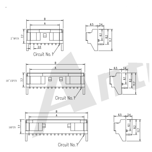 2,0 mm toonhoogte 90 ° Wafer -connector met post