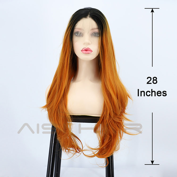 Aisi Hair High Quality 28 Inch Body Wave Curly Long Wavy Ombre Orange Lace Frontal Synthetic Hair For Black Women Lace Front Wig