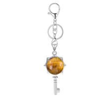 Yellow Tiger Eye Stone Round Cabs Silver Alloy Key Pendant Keychain Lobster clasp