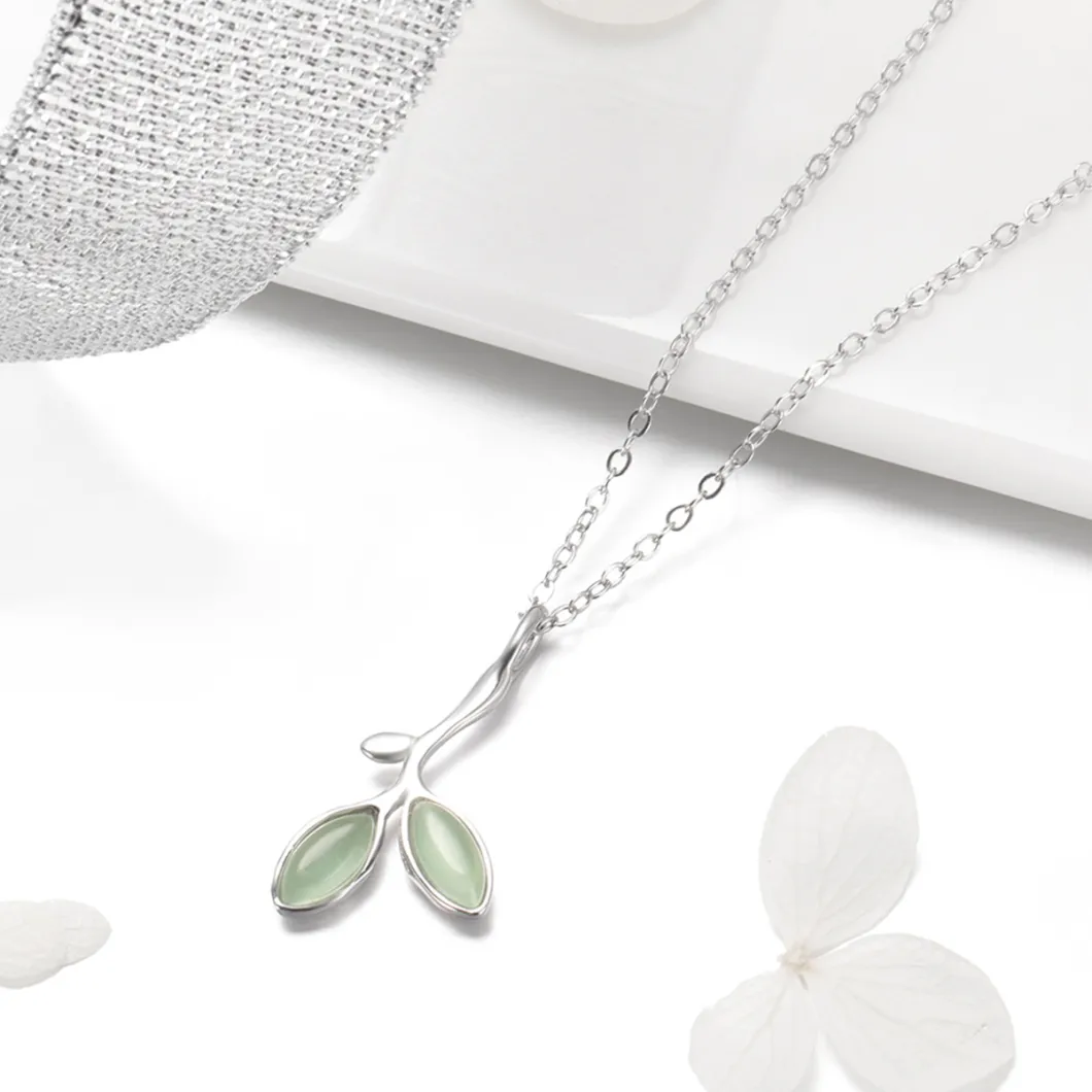 Plated Platinum Jewelry Green Leaves Synthetic Opal Sterling Silver Pendant Necklace