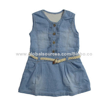 Girls' Cotton Casual Jeans Dress, Stack on the Chest, Belt on the Waist