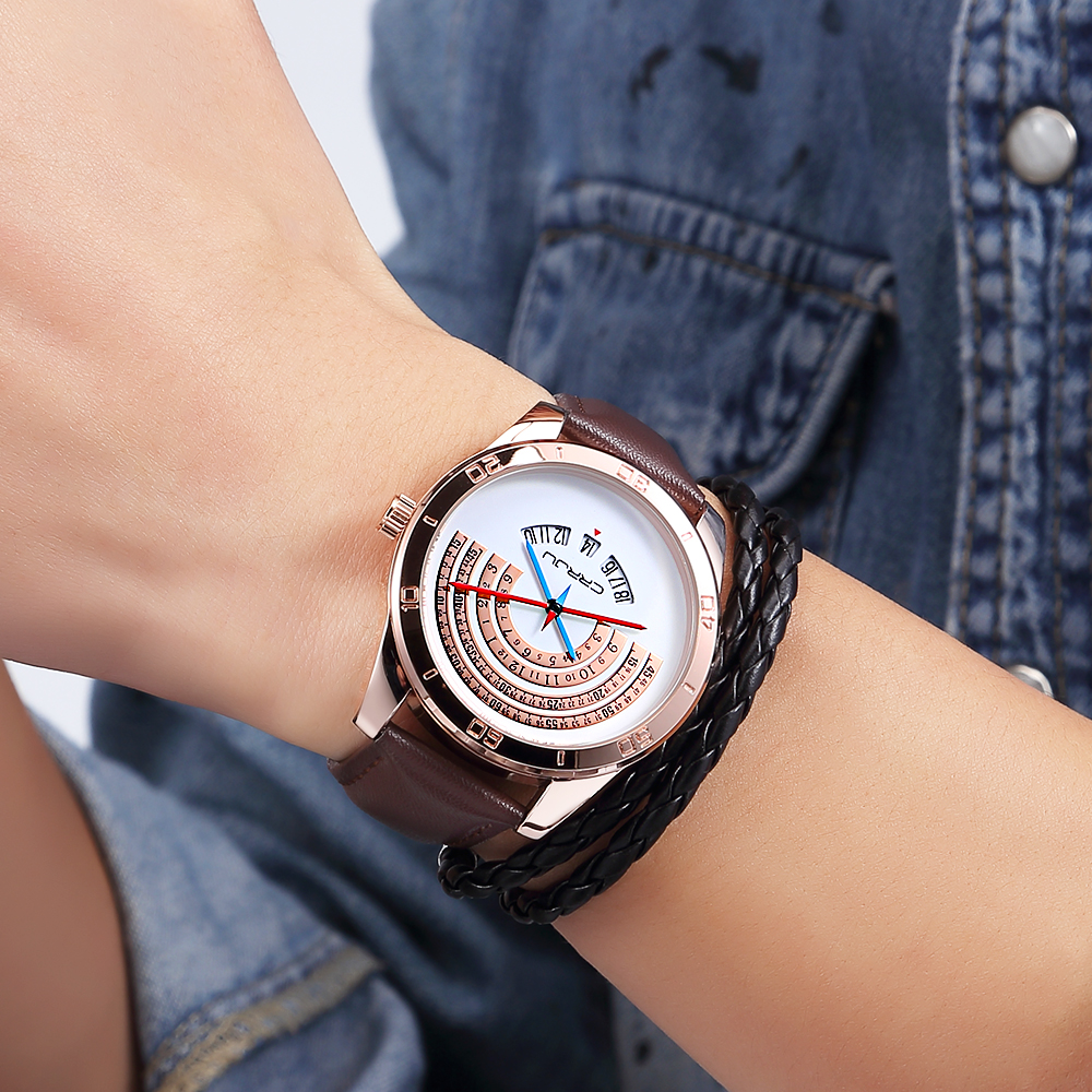 CRRJU Watch Men luxury Sports leather Funny Binary calendar Clock Japan Movement Waterproof Wrist Watch