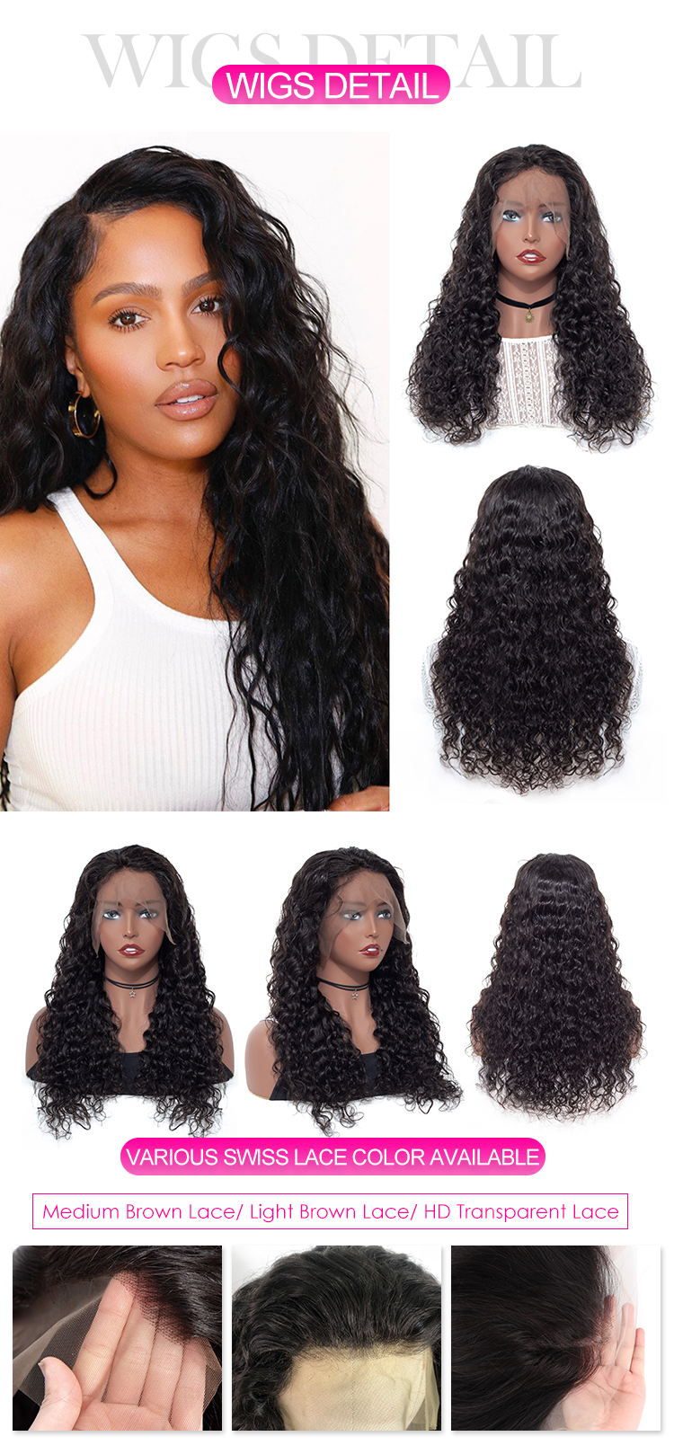 Factory brazilian human hair wigs HD transparent Swiss lace wig,deep wave cuticle aligned lace front glueless water wave wig