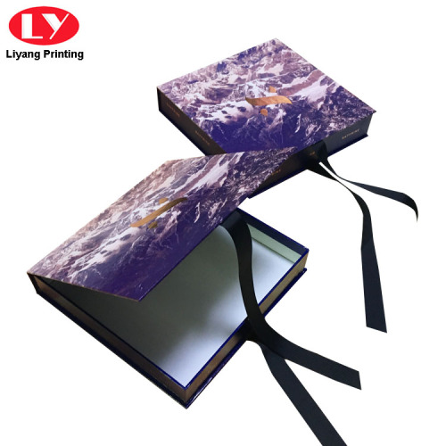 Custom Blue Rigid Magnetic Scarf Box with Ribbon