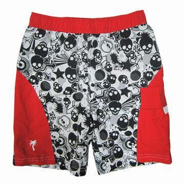 Men's Printed Beach Shorts, Embroidered Logo, Insert Panel, Side Pocket & Velcro, Elastic Waistband