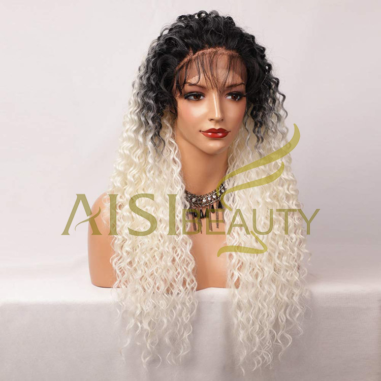 Aisi Beauty New Design Vendor Long Wavy 13x6 Kinky Curly Ombre Blonde Swiss Lace Synthetic Hair For Black Women Lace Front Wig