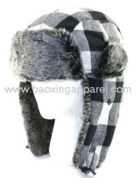 plaid fox fur flyers trapper trooper hat black grey white