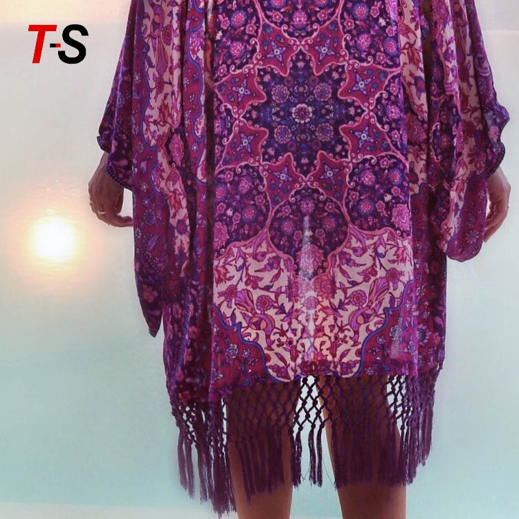 Purple chiffon fringe positioning print beach bikini top beach coverup